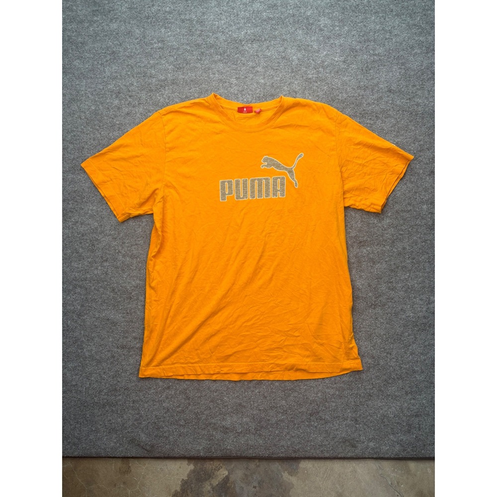 Puma Shirt Mens Large Orange Silver Embroidered Logo Graphic Short Sleeve Tee